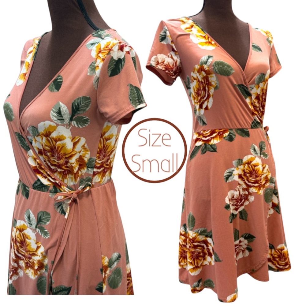 Summer Dress, Floral Wrap Dress Peach/Yellow, Fall Dress, V Neck, Party Dress
